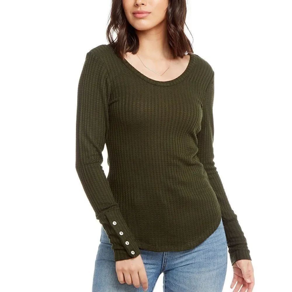 Chaser Cozy Double Scoop Button Cuff Thermal Top